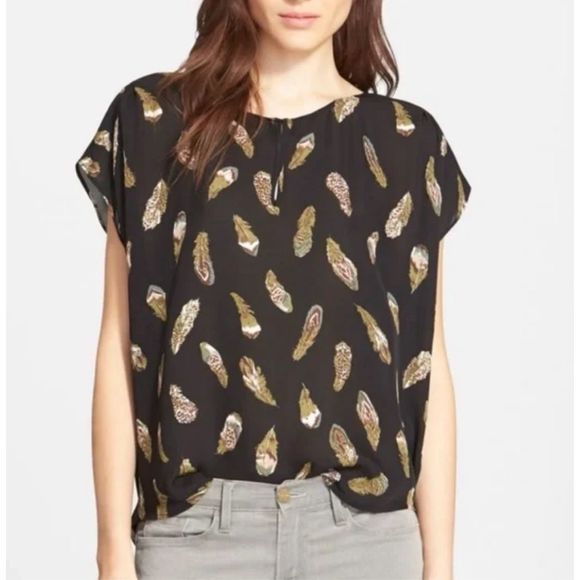Joie Silk Feather Print Blouse, Black Short-Sleeve Blouse, Size Large, MSRP $288 - Picture 1 of 7